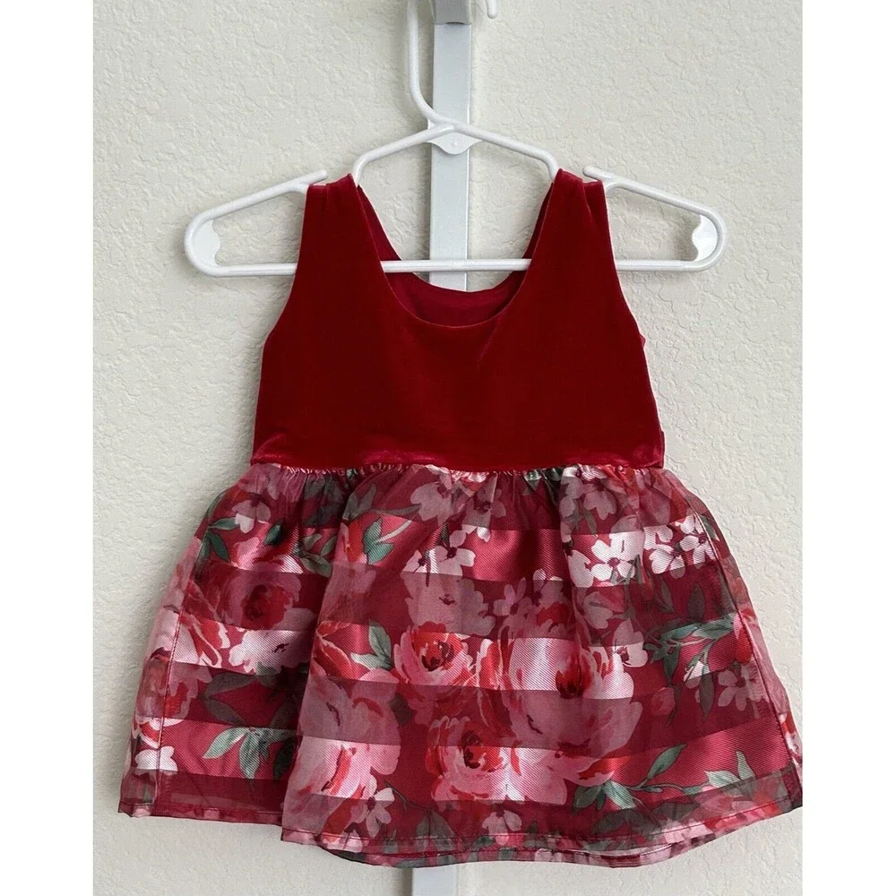 The‎ Childrens Place Red Green Pink Floral Holiday Dress  6-9 M
